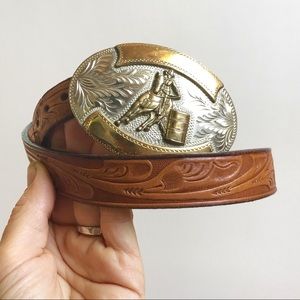 Vintage Leather Western Belt Rodeo Horse Buckle